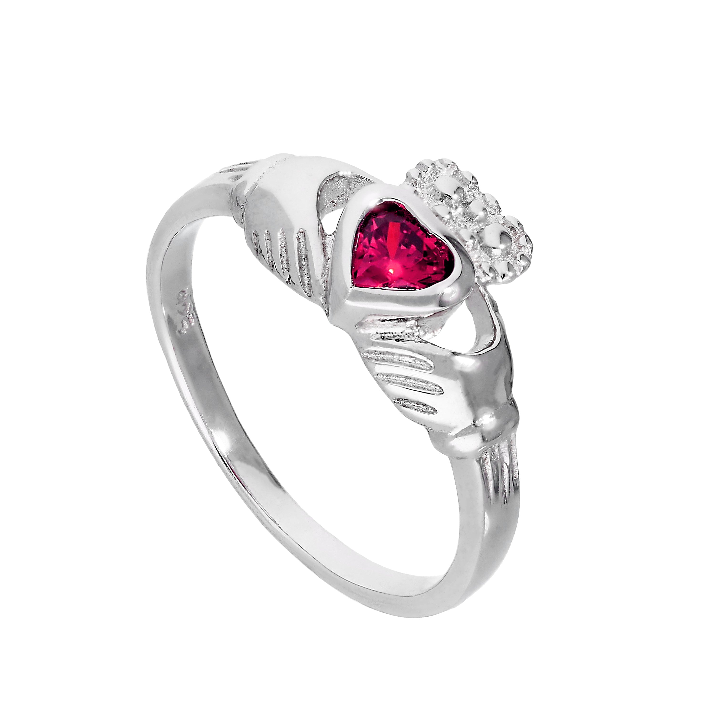 Sterlingsilber & Rubin CZ Kristall Claddagh-Ring mit Geburtsstein für den Monat Juli Größen I - U