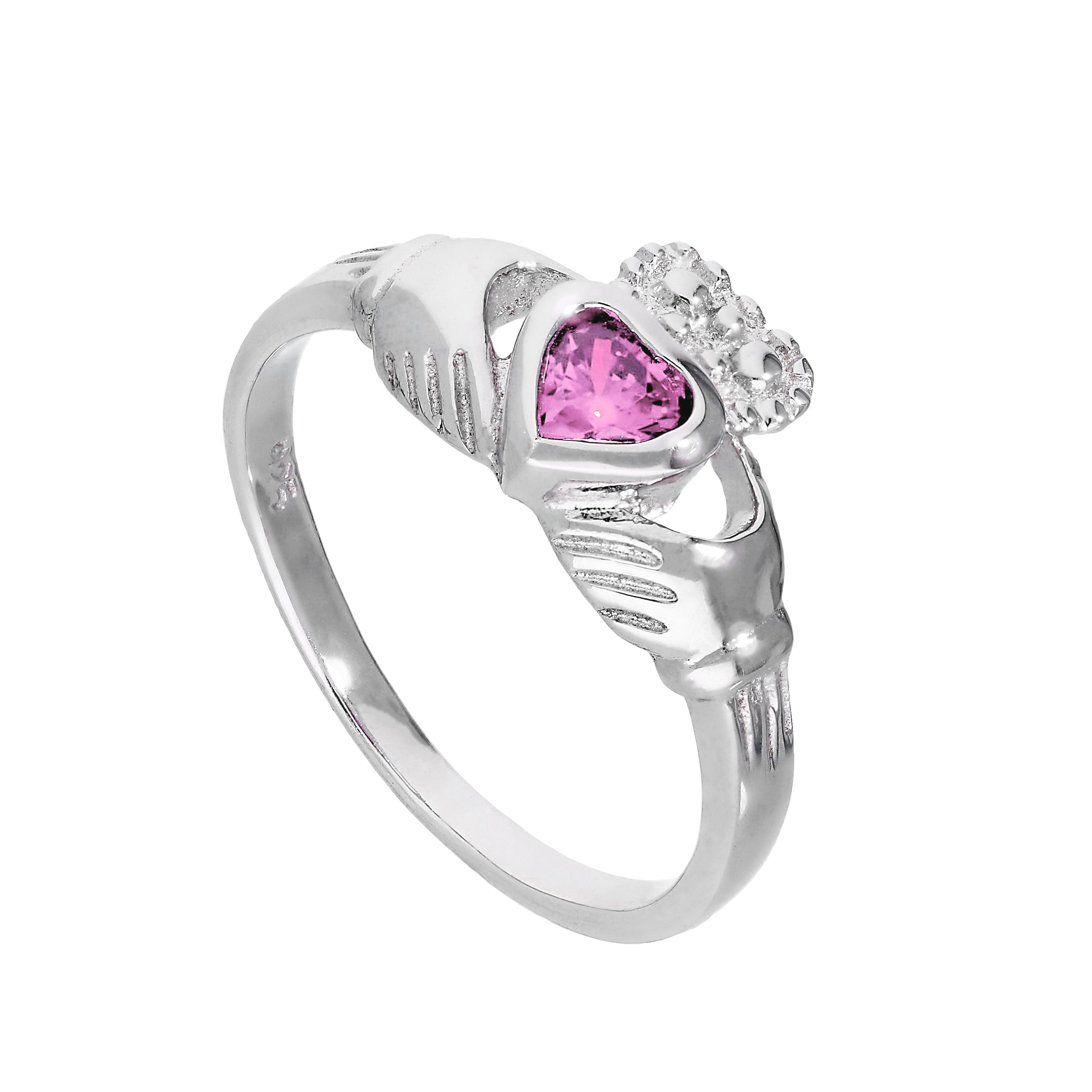 Sterlingsilber & Turmalin CZ-Kristall Oktober-Geburtsstein Claddagh-Ring I - U