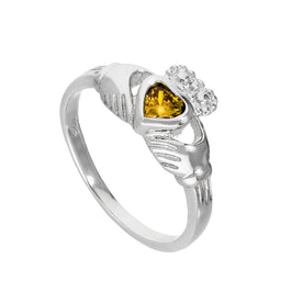 Sterlingsilber & Citrin CZ Kristall November Geburtsstein Claddagh Ring I - U