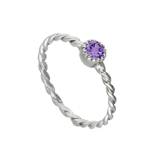 Sterlingsilber & Amethyst CZ Kristall Februar Geburtsstein Twisted Rope Ring I - U