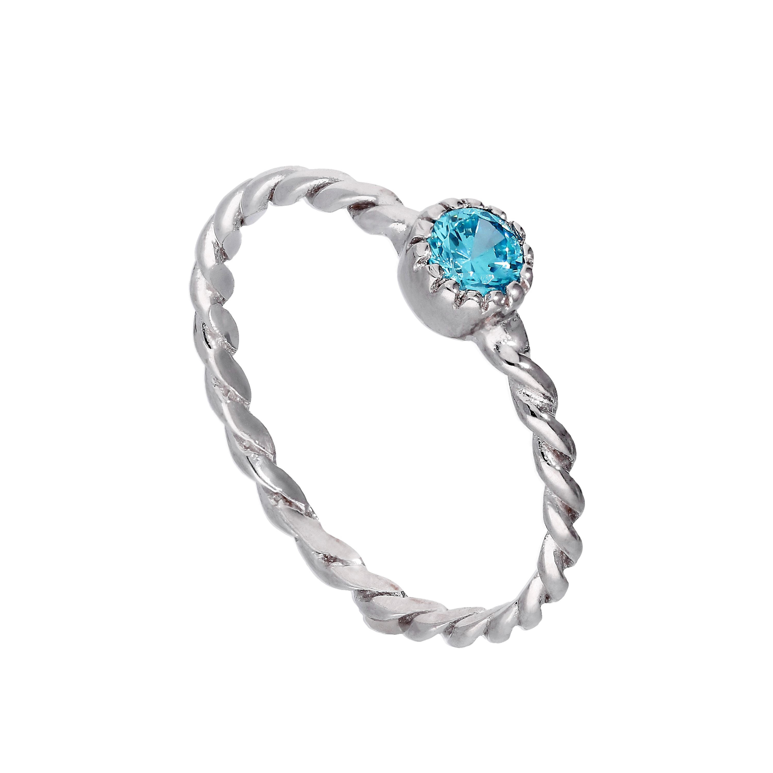 Sterlingsilber & Aquamarin-Zirkonia-Geburtsstein des Monats März, gedrehter Seilring, Größe I-U