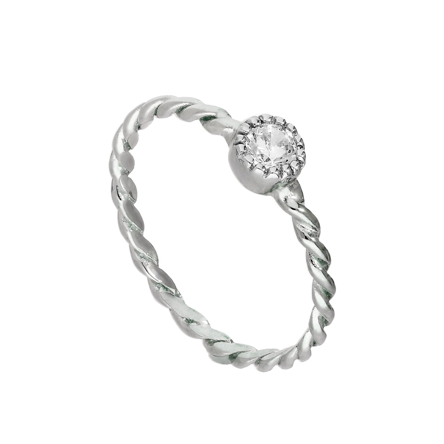 Sterlingsilber & klarer CZ-Kristall, Geburtsstein für den Monat April, gedrehter Seilring, Größe I–U