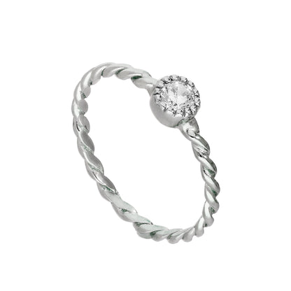 Sterlingsilber & klarer CZ-Kristall, Geburtsstein für den Monat April, gedrehter Seilring, Größe I–U