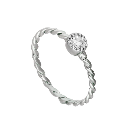 Sterlingsilber & klarer CZ-Kristall, Geburtsstein für den Monat April, gedrehter Seilring, Größe I–U