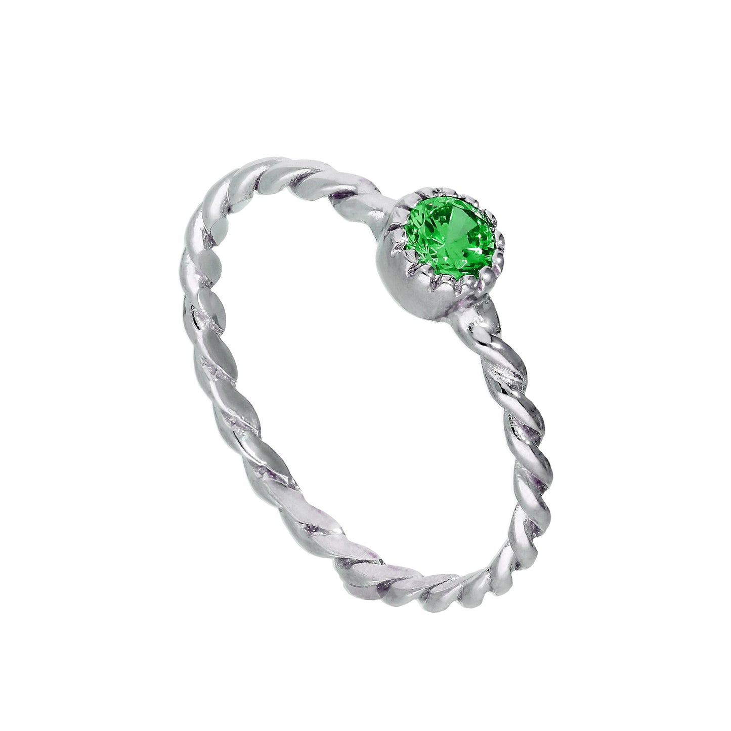 Sterlingsilber & smaragdgrüner CZ-Kristall, Geburtsstein für den Monat Mai, gedrehter Seilring, Größe I–U