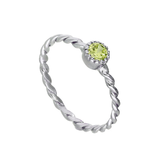 Sterlingsilber & Peridot CZ-Kristall August-Geburtsstein-Ring mit gedrehter Kordel I – U