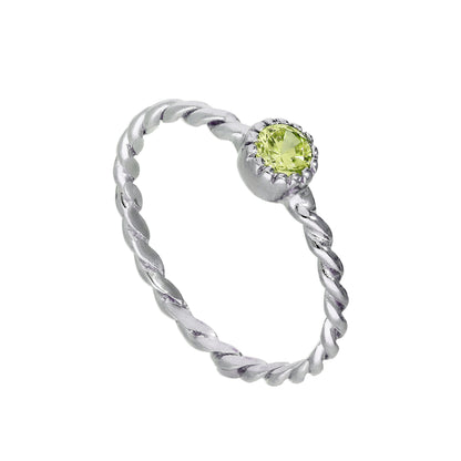 Sterlingsilber & Peridot CZ-Kristall August-Geburtsstein-Ring mit gedrehter Kordel I – U
