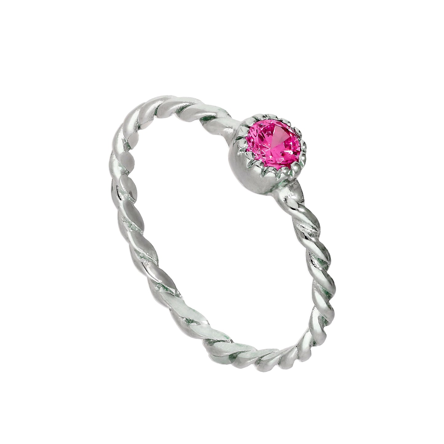 Sterlingsilber & Turmalin-CZ-Kristall Oktober-Geburtsstein-Ring mit gedrehter Kordel I – U