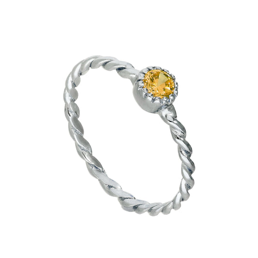 Sterlingsilber & Citrin-CZ-Kristall November-Geburtsstein-Ring mit gedrehter Kordel I – U