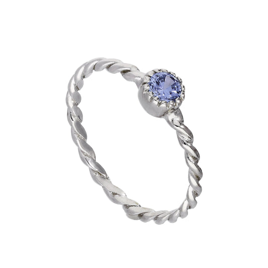 Sterlingsilber & Tanzanit-CZ-Kristall Dezember-Geburtsstein Ring mit verdrehtem Seilmuster I – U