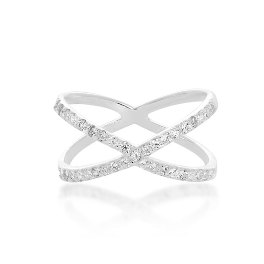 Sterlingsilber & klarer CZ-Kristall Ring mit gekreuztem Muster Größen K – X