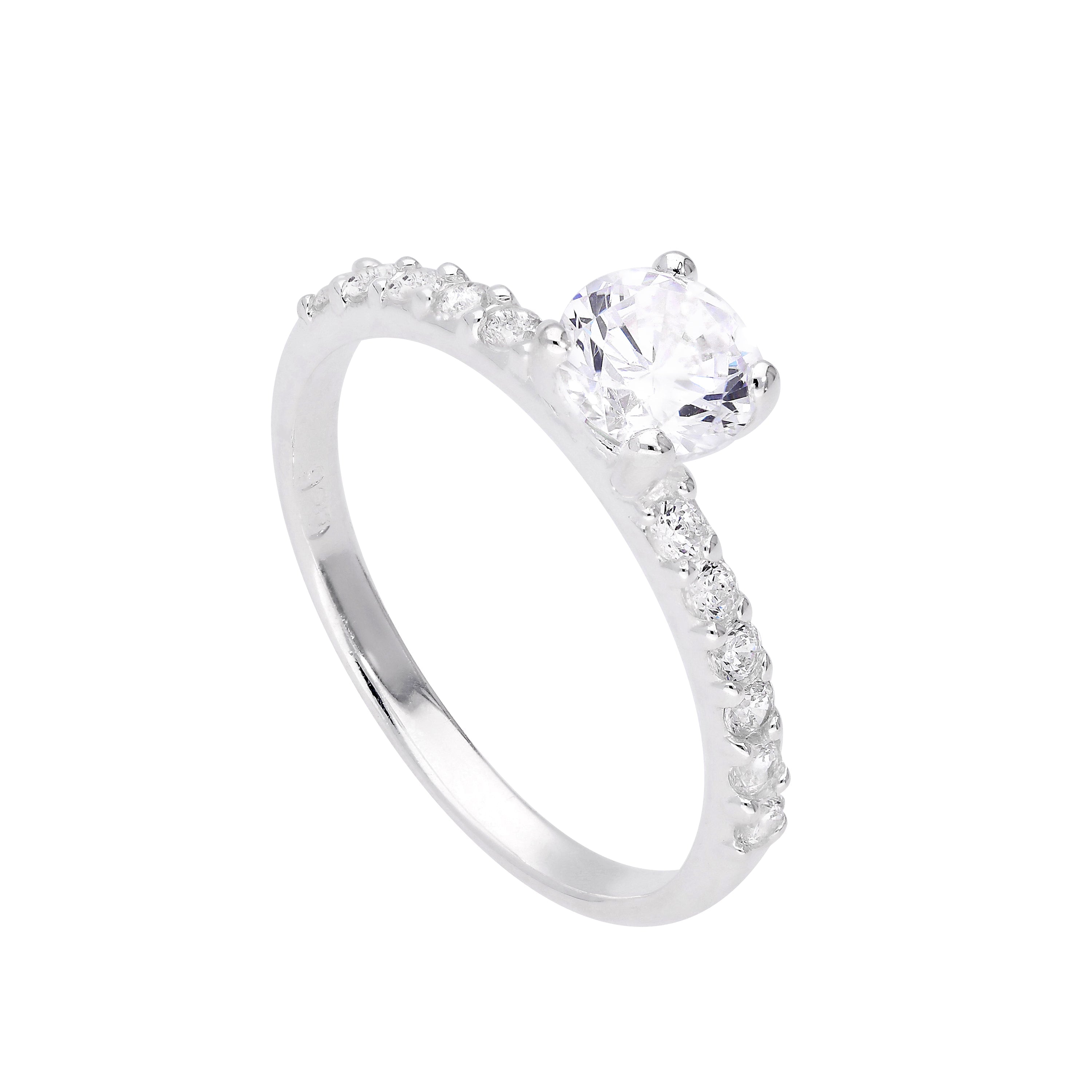 Sterlingsilber & klarer CZ Kristall Ring mit CZ Kristallen an den Schultern Größe J - V