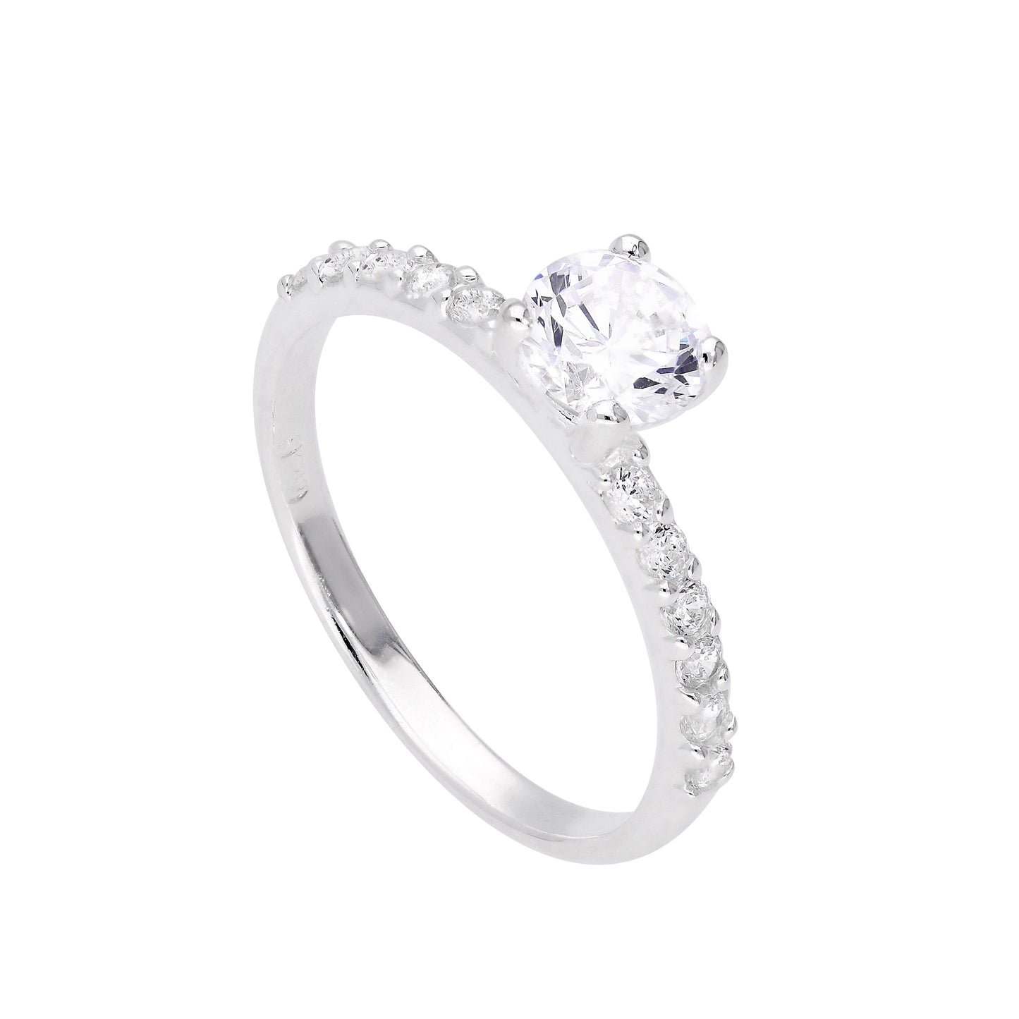 Sterling Silber & klarer CZ Kristall Ring mit CZ Kristallen an den Schultern Größe J - V