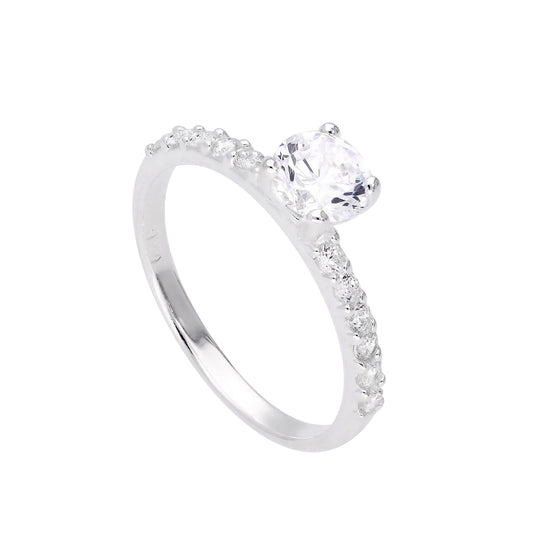 Sterling Silber & klarer CZ Kristall Ring mit CZ Kristallen an den Schultern Größe J - V