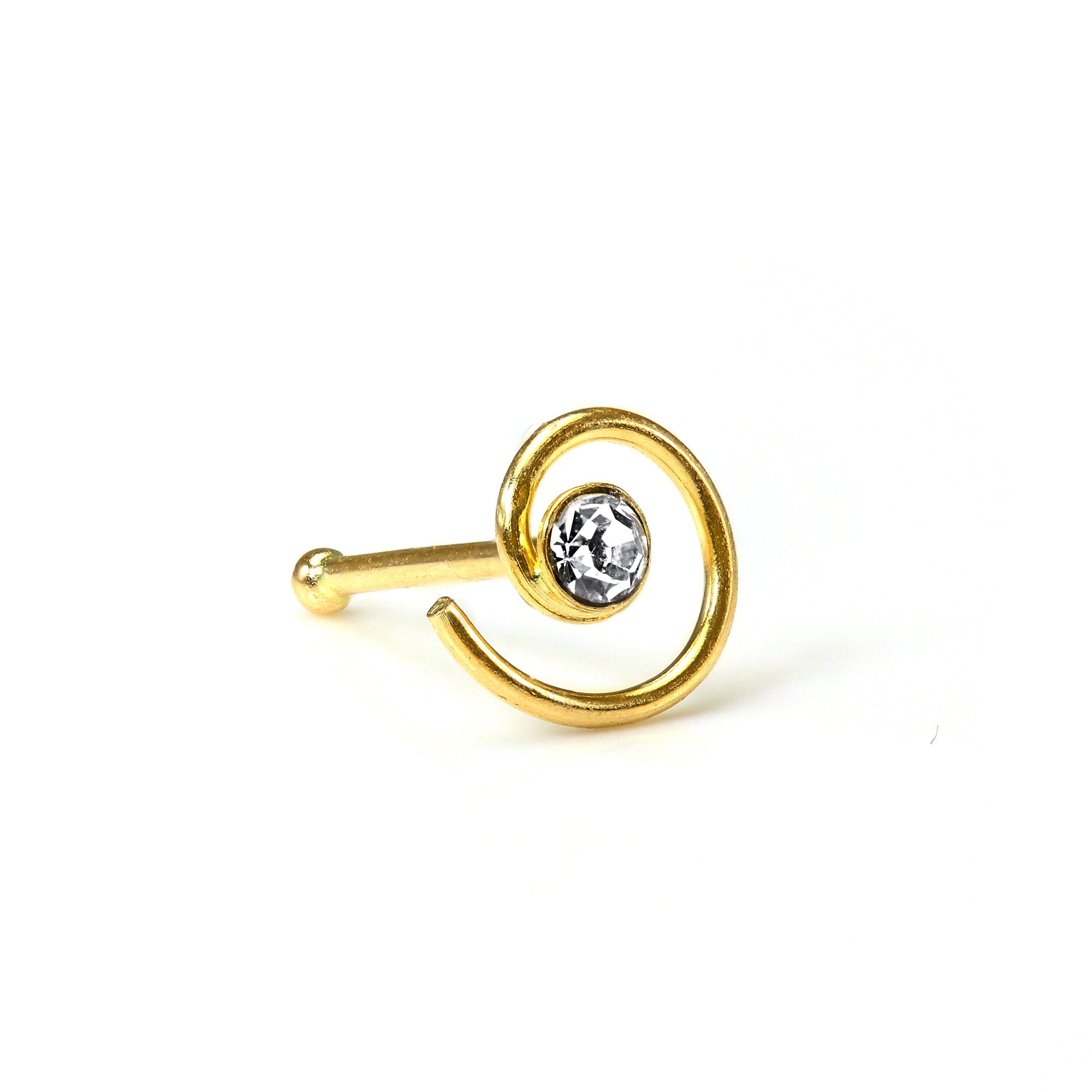 Kugelförmiger 2 mm CZ-Kristall-Spiralnasenstecker aus 9 Karat Gelbgold