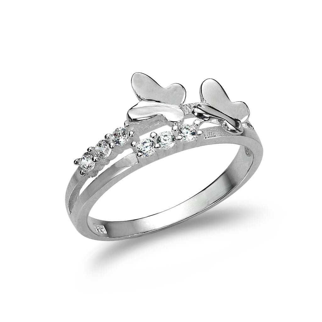 Geteilter Bandring aus Sterlingsilber mit CZ-Kristallen und Schmetterlingen – UK-Größen J–W