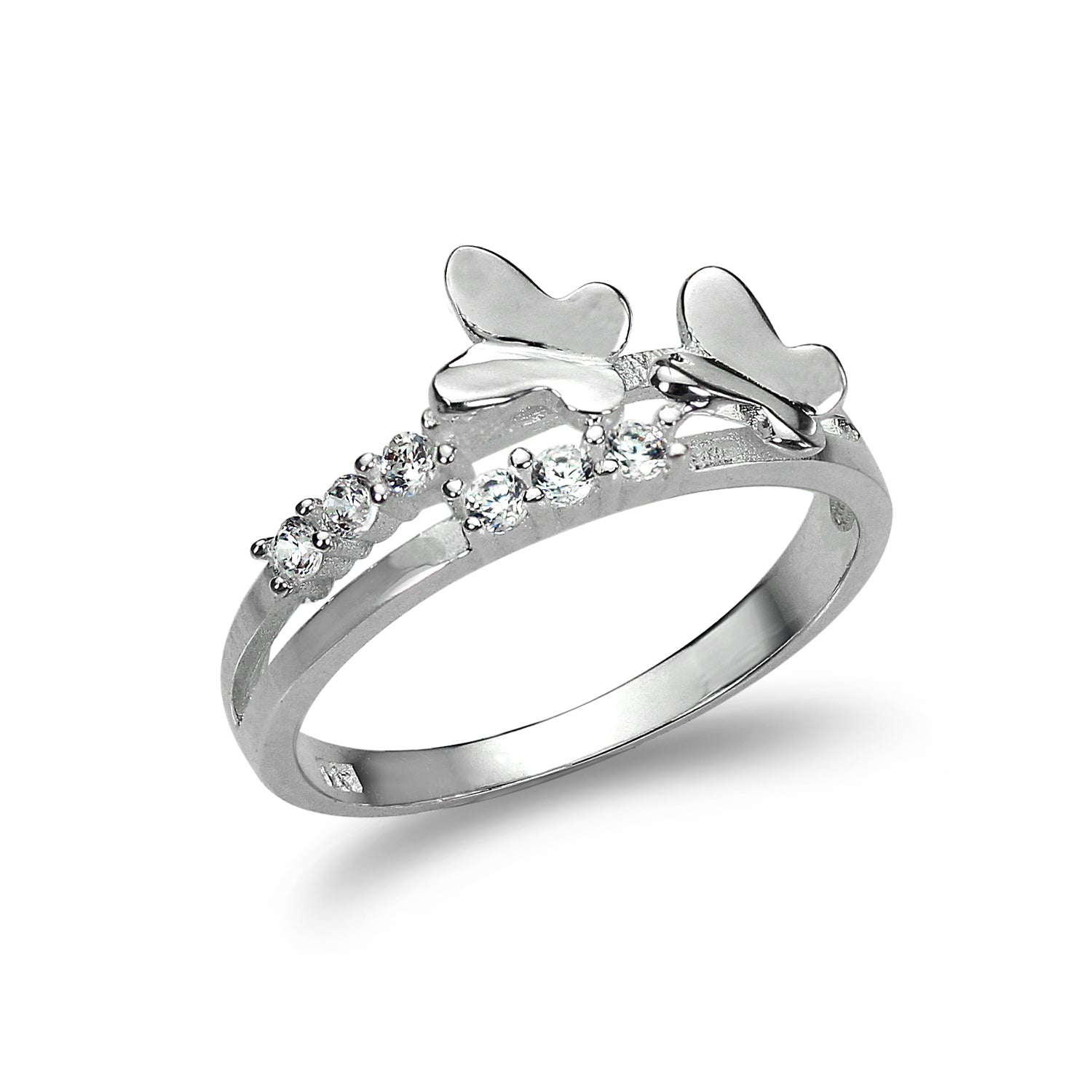 Geteilter Bandring aus Sterlingsilber mit CZ-Kristallen und Schmetterlingen – UK-Größen J–W