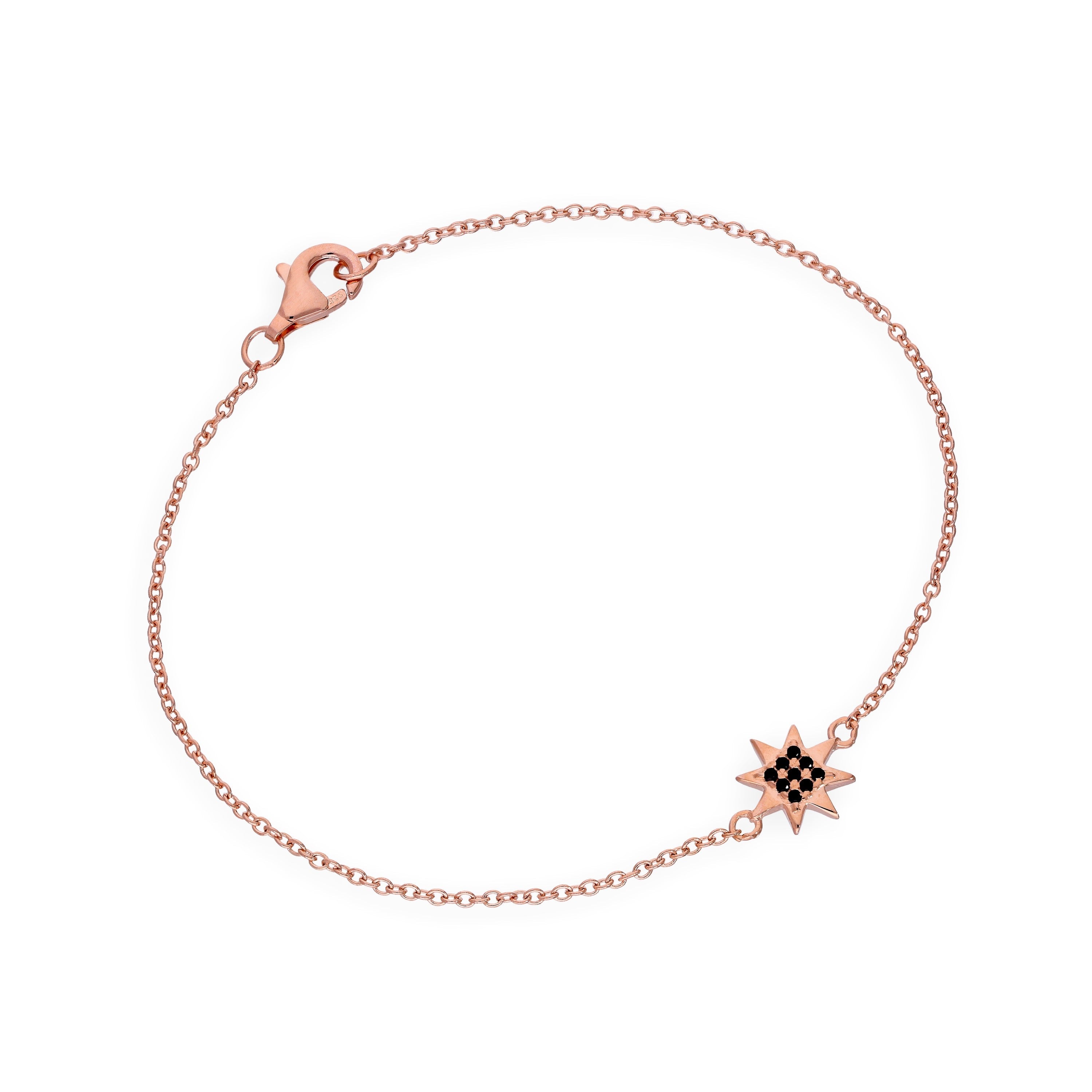 Rosévergoldetes Sterlingsilber & Schwarzer CZ Kristall 7 Zoll Stern Armband