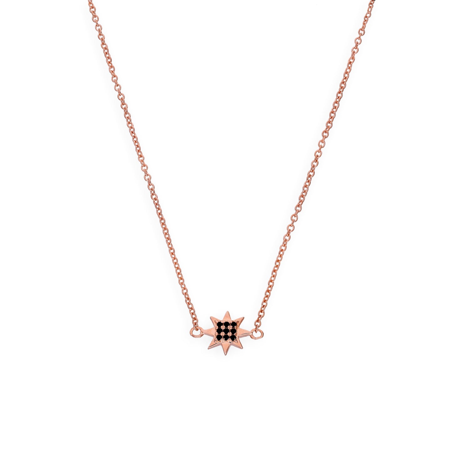 Rose Gold Plated Sterling Silver & Black CZ Crystal 18 Inch Star Necklace