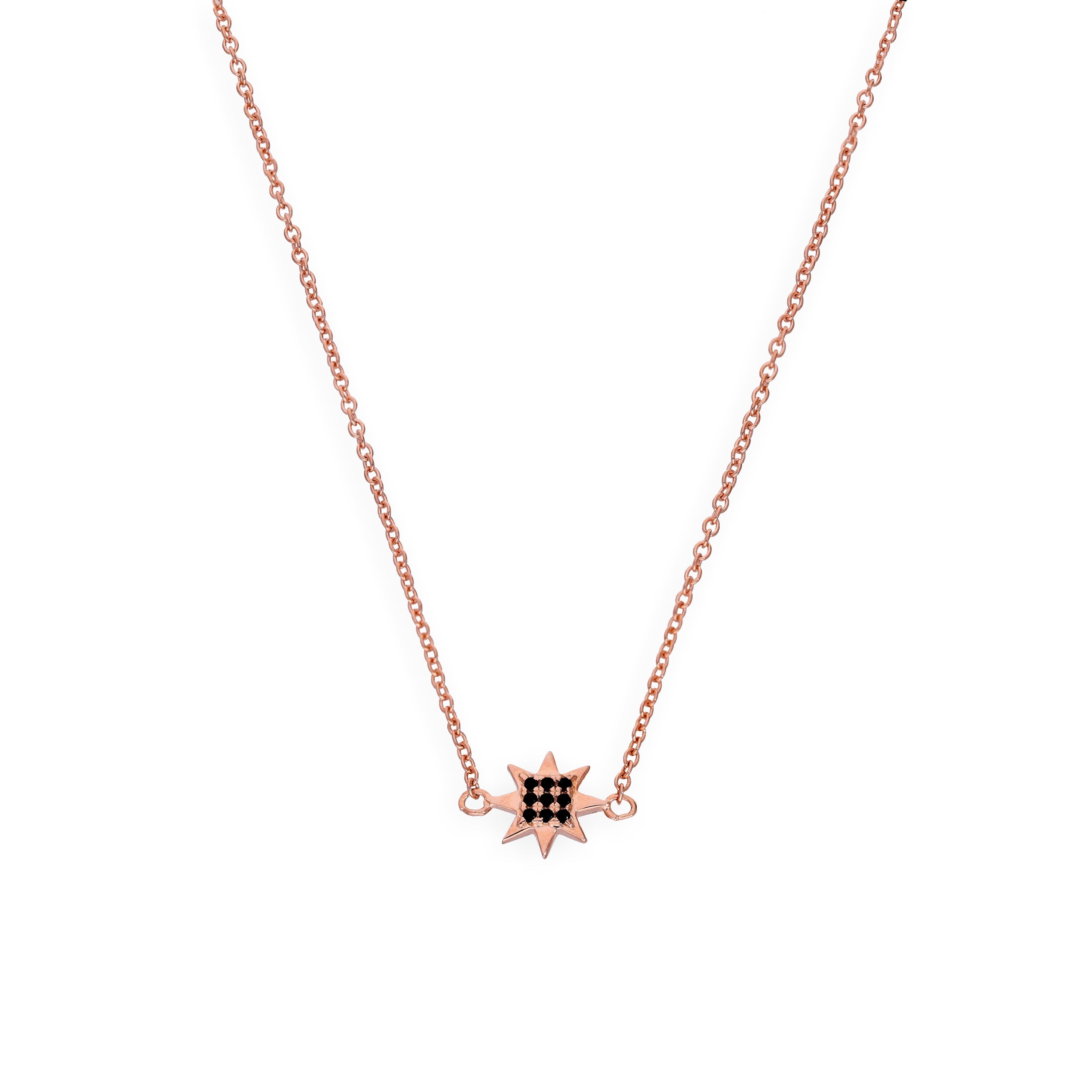 Rosévergoldete Sterlingsilber-Halskette mit Stern und schwarzem Zirkonia, 45,5 cm