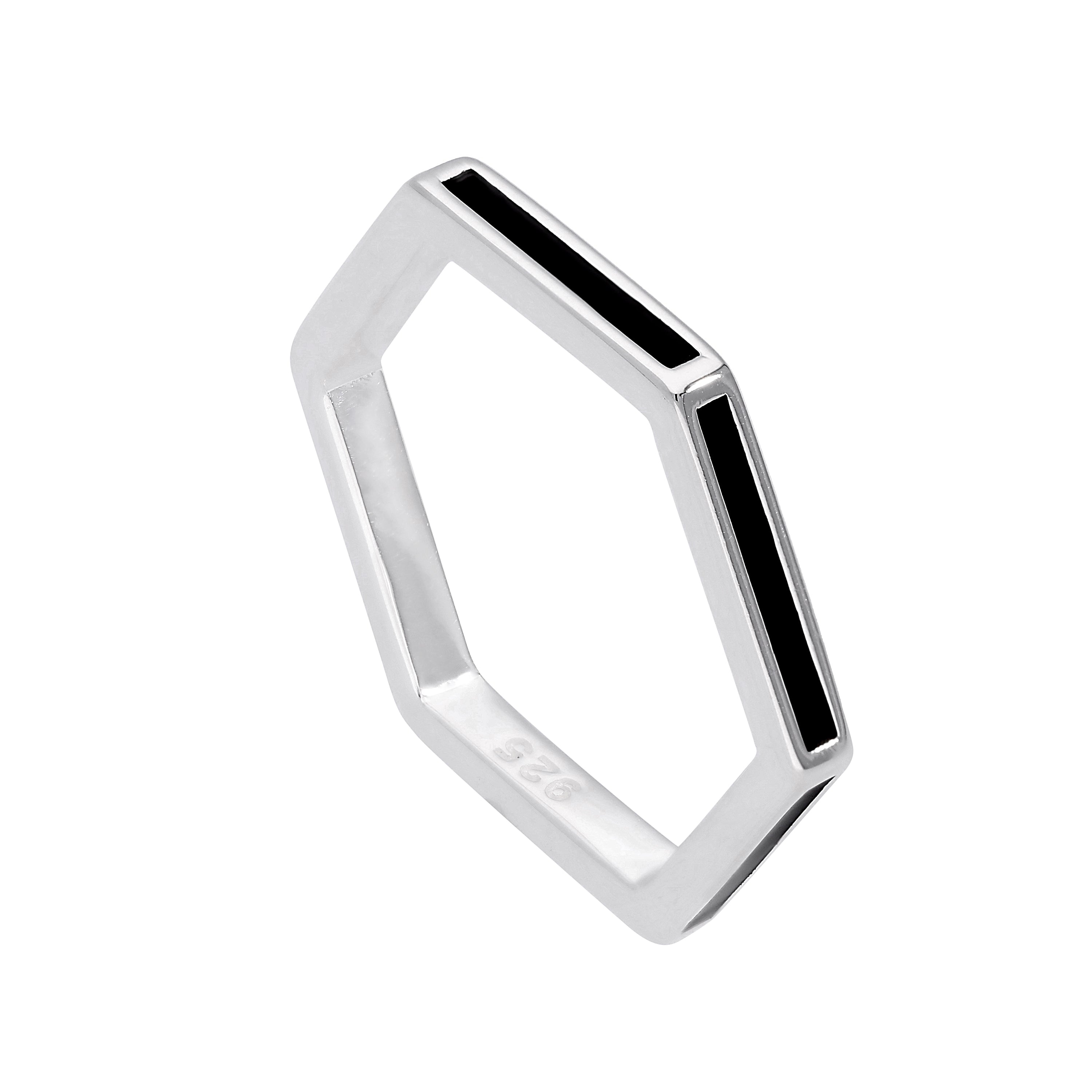 Sterlingsilber & schwarzer Emaille Sechseck Ring