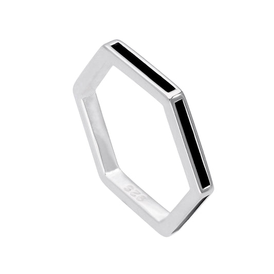 Sterling Silber & schwarzer Emaille Sechseck Ring