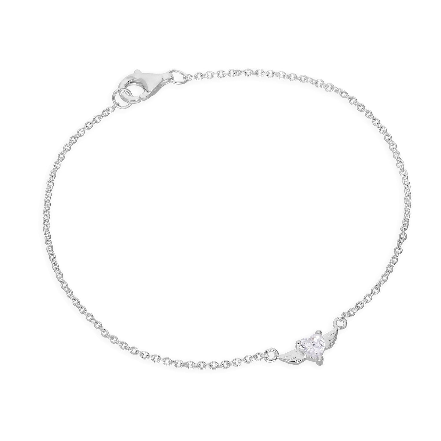 Sterlingsilber & Klar CZ Kristall Herz auf Flügeln 18cm Armband