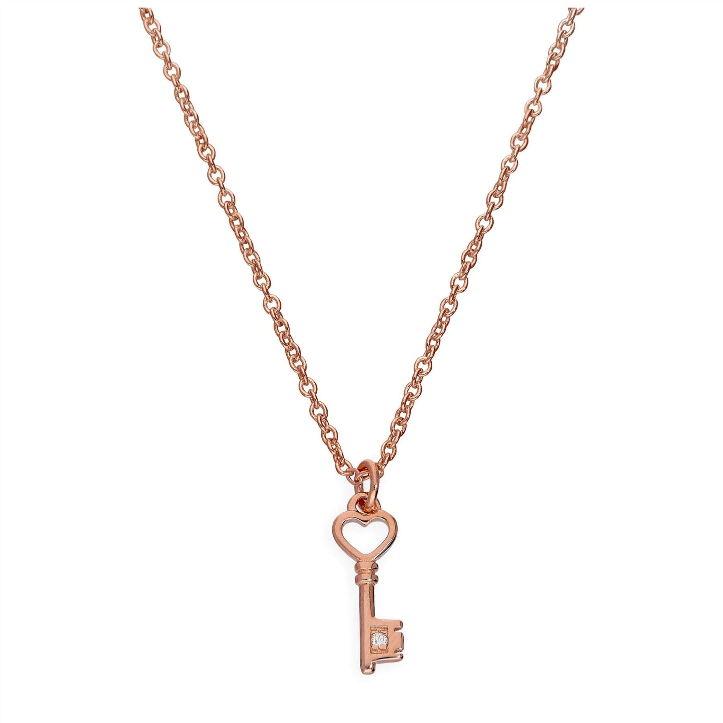 Roségold-beschichtete Halskette aus Sterlingsilber mit echtem Diamanten und Herz-Schlüssel, 18 Zoll