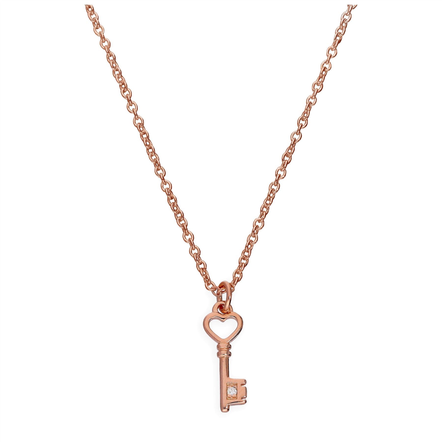 Roségold-beschichtete Halskette aus Sterlingsilber mit echtem Diamanten und Herz-Schlüssel, 18 Zoll