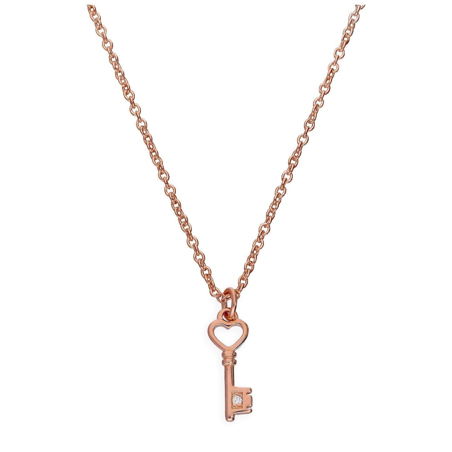 Rose Gold Plated Sterling Silver & Genuine Diamond 18 Inch Heart Key Necklace