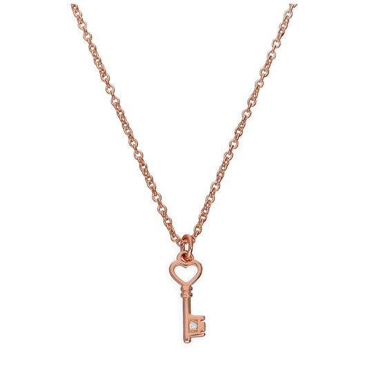 Rose Gold Plated Sterling Silver & Genuine Diamond 18 Inch Heart Key Necklace