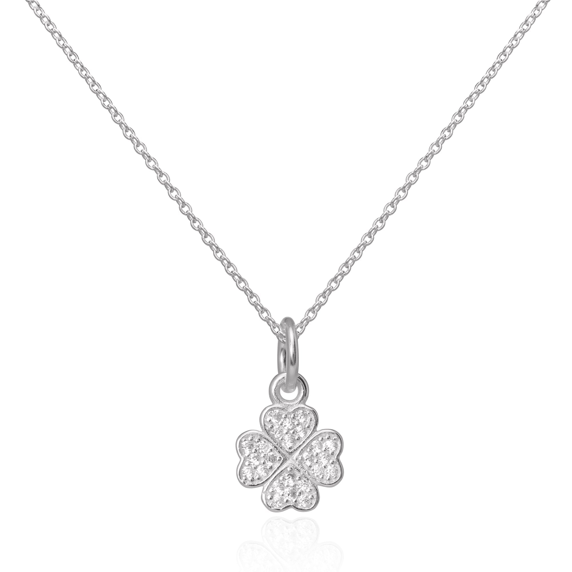 CZ Kristall Verkrustet Sterlingsilber Glücks 4 Blatt Kleeblatt Anhänger 40,5 - 56 cm