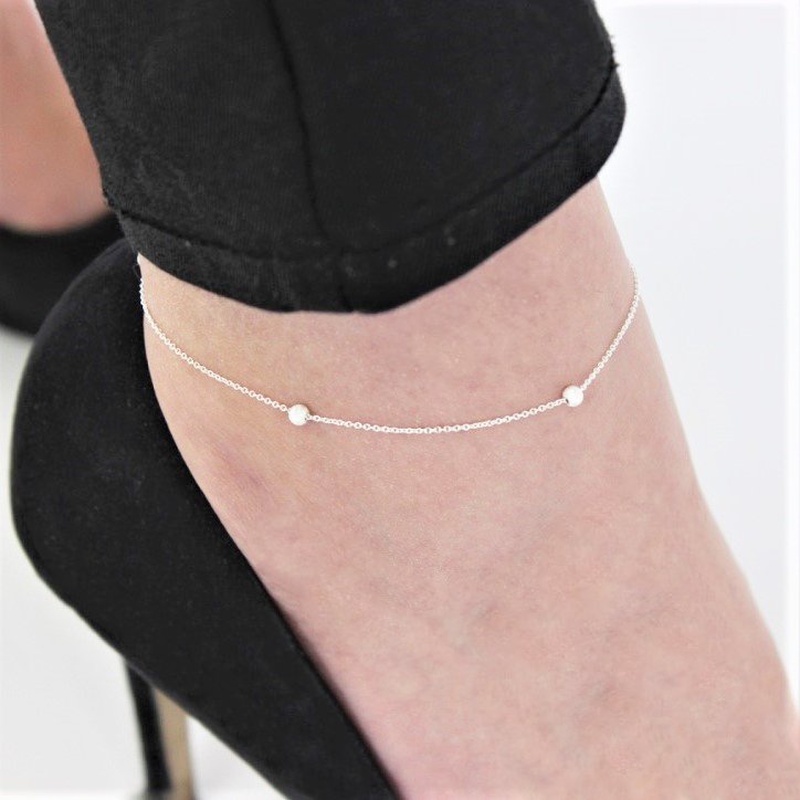 Sterlingsilber Belcher Kette Fußkette mit 3 mattierten Kunstperlen
