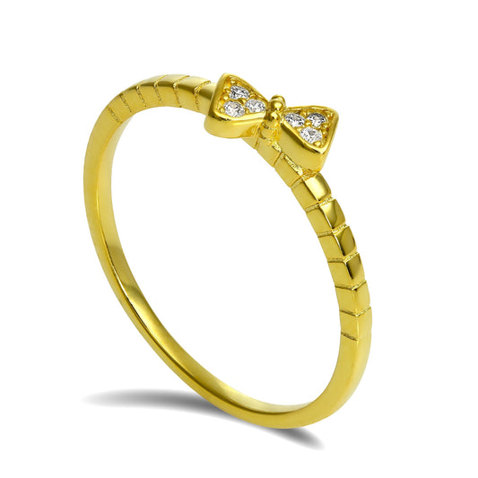 Gold Plated Sterling Silver CZ Crystal Bow Stacking Ring