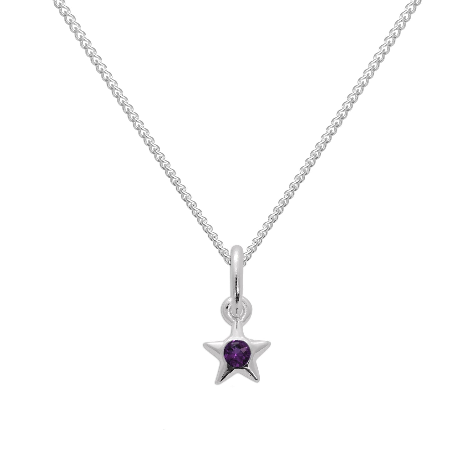Halskette mit Sternanhänger aus Sterlingsilber und Amethyst-CZ-Kristall, Geburtsstein für den Monat Februar, 14–32 Zoll