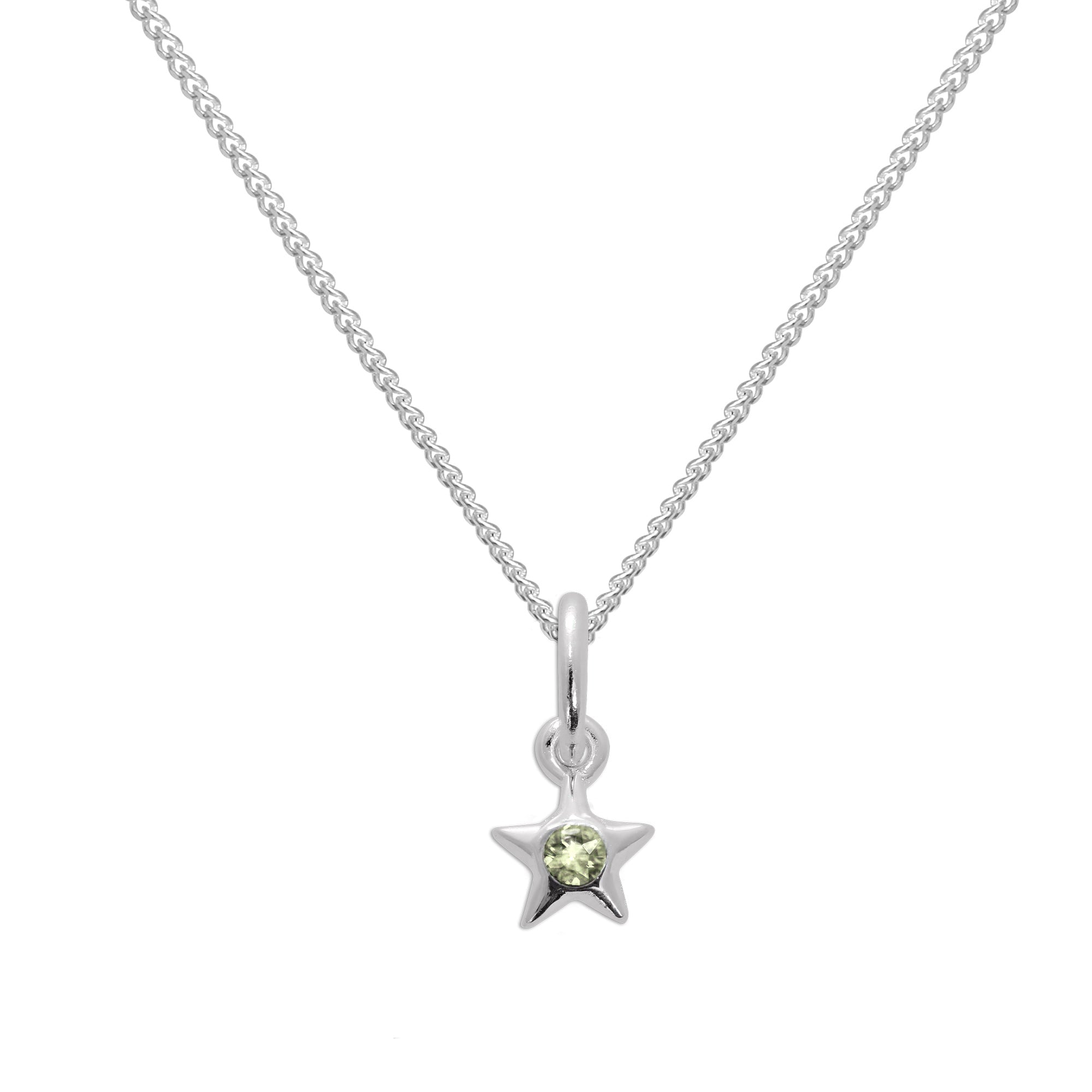 Sterlingsilber und Peridot-CZ-Kristall, Sternanhänger mit Geburtsstein für den Monat August, 14–32 Zoll