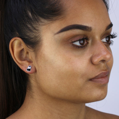 Niedlich Retro Sterlingsilber & Schwarz Emaille Computerspiel Geist Ohrstecker