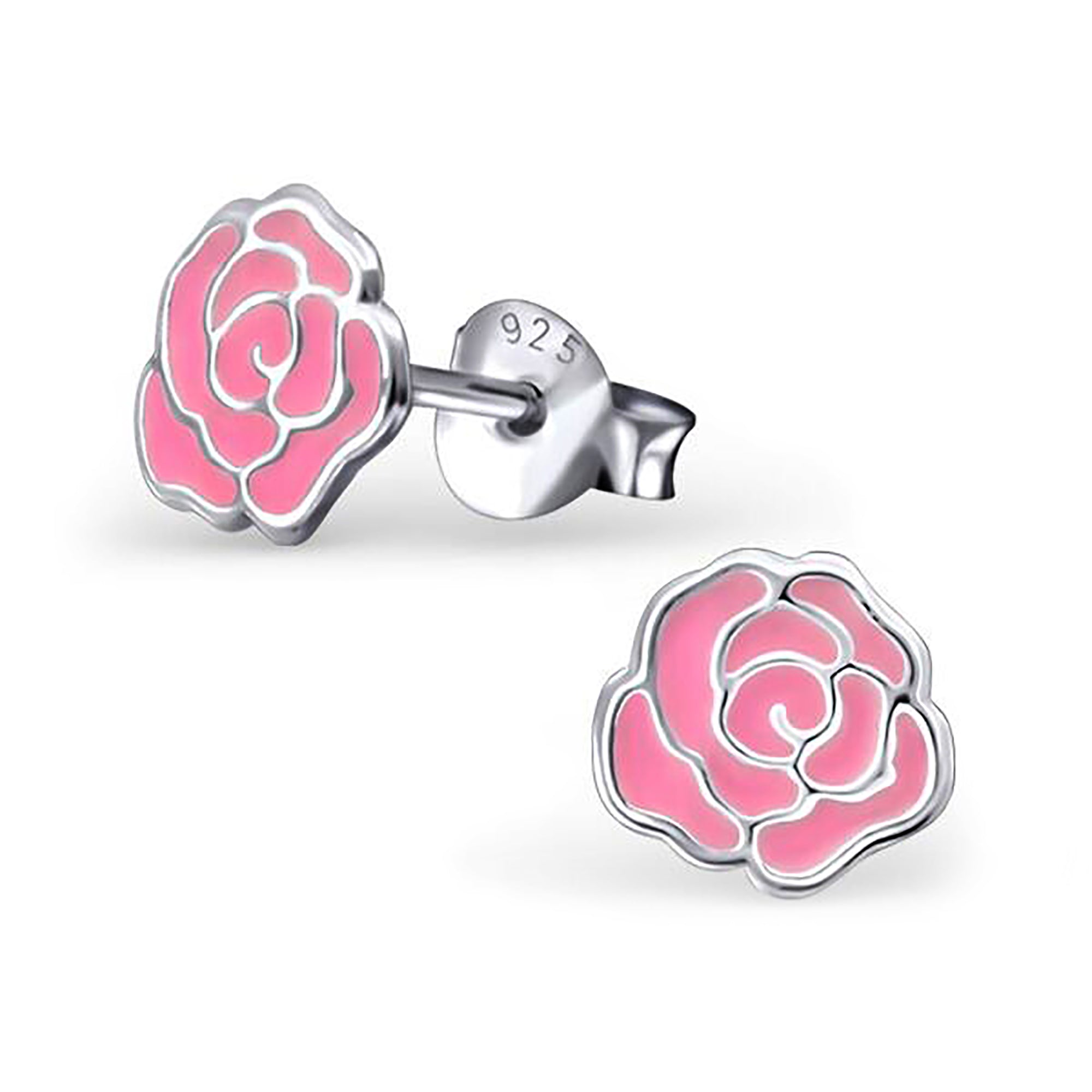 Sterlingsilber & Rosa Emaille 2D Rose Ohrstecker