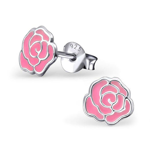 Sterlingsilber & Rosa Emaille 2D Rose Ohrstecker