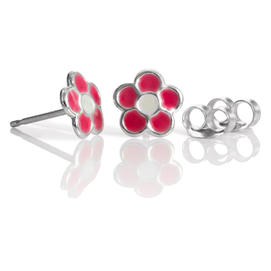 Sterlingsilber & Rosa Emaille Blume Ohrstecker