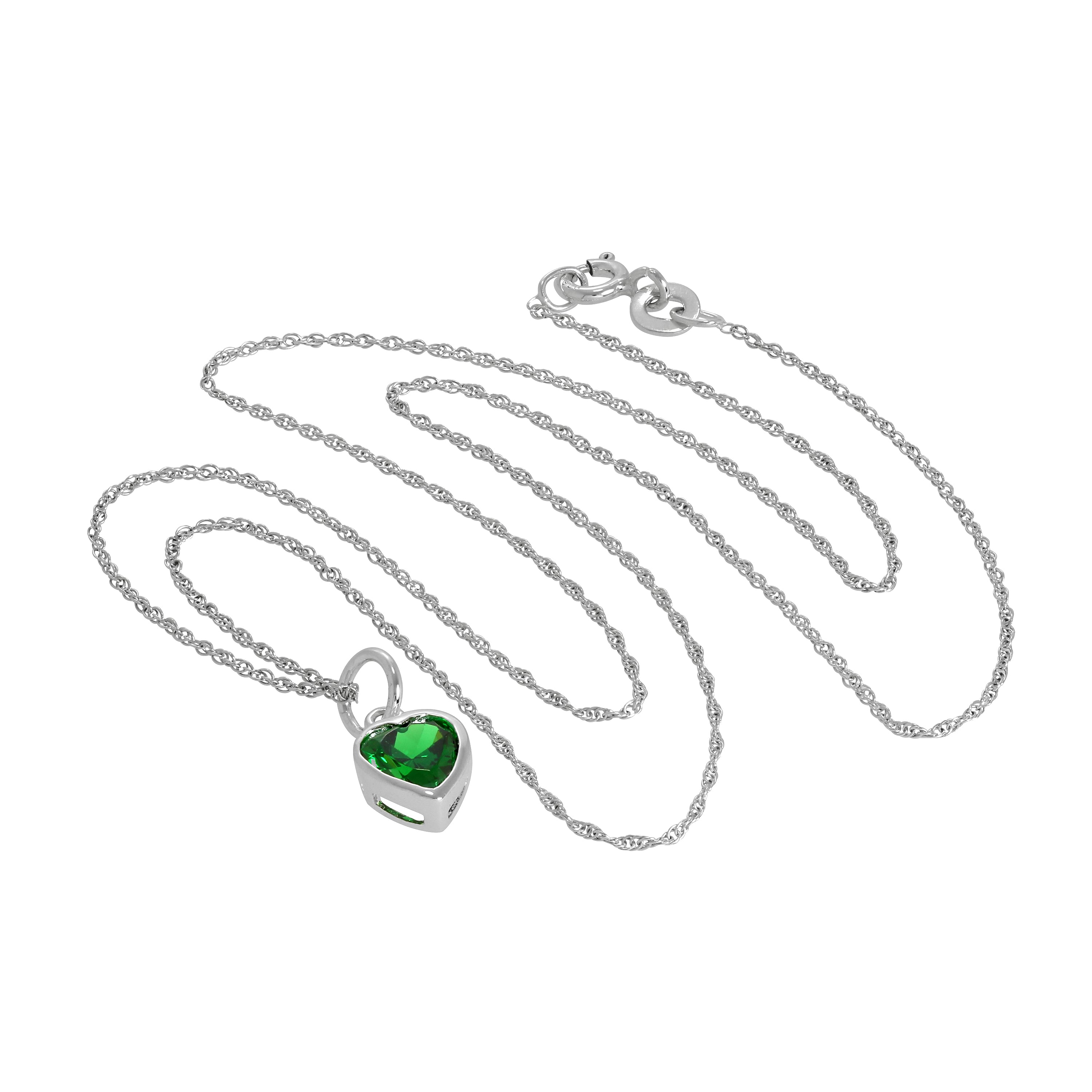 Halskette aus Sterlingsilber mit Anhänger aus smaragdgrünem Kristall in Herzform, 14–22 Zoll