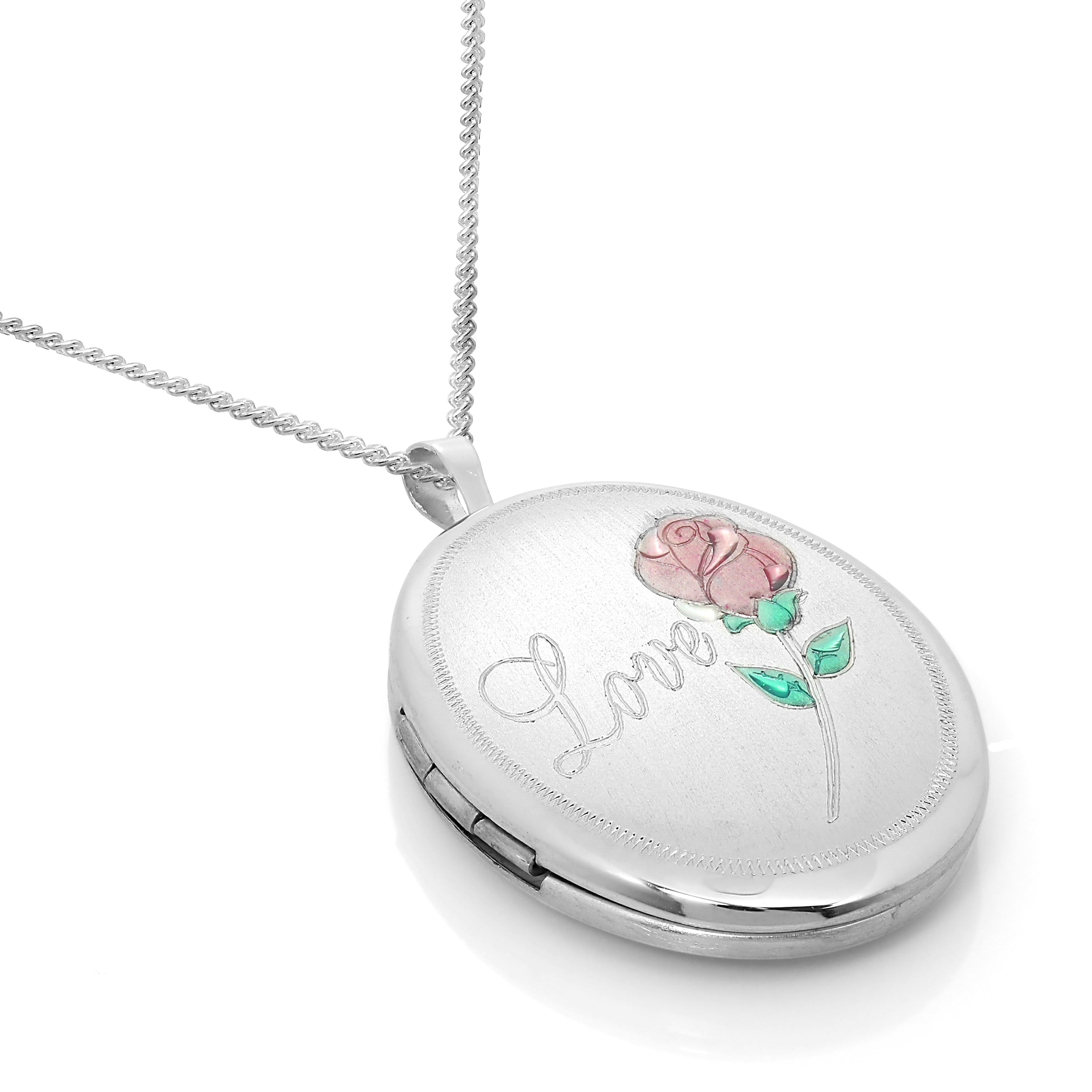 Ovales Rosen-Liebesmedaillon aus gebürstetem Sterlingsilber mit Kette