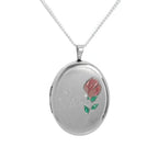 Ovales Rosen-Liebesmedaillon aus gebürstetem Sterlingsilber mit Kette
