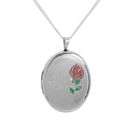 Ovales Rosen-Liebesmedaillon aus gebürstetem Sterlingsilber mit Kette