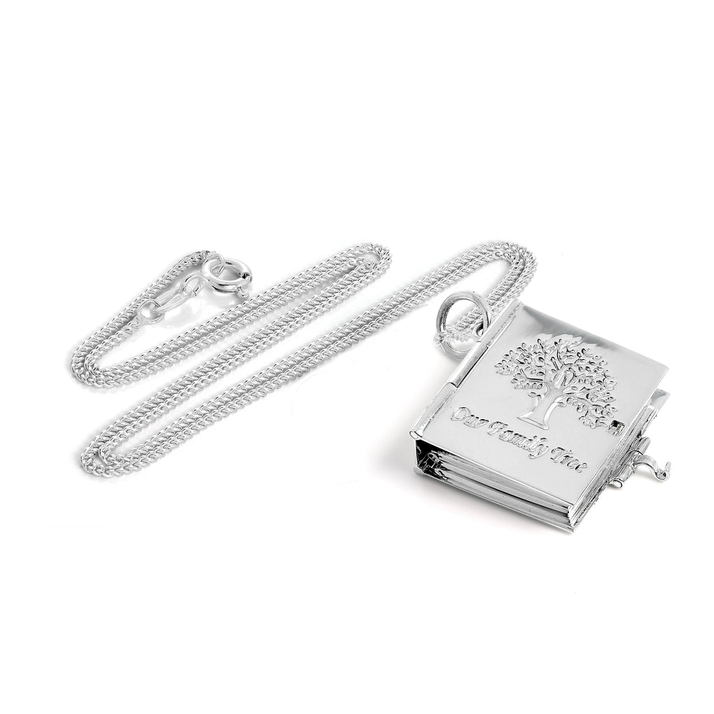 Familienstammbaum-Medaillon in Buchform aus Sterlingsilber mit Kette, für 6 Fotos
