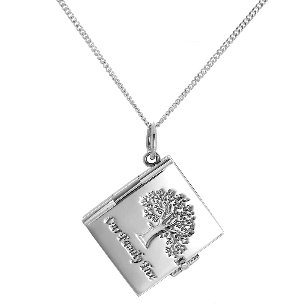 Familienstammbaum-Medaillon in Buchform aus Sterlingsilber mit Kette, für 6 Fotos