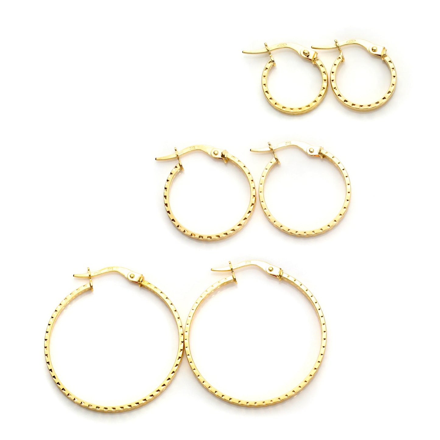 9 Karat Gold Gemustert Diamantschliff Creolen Ohrringe Satz