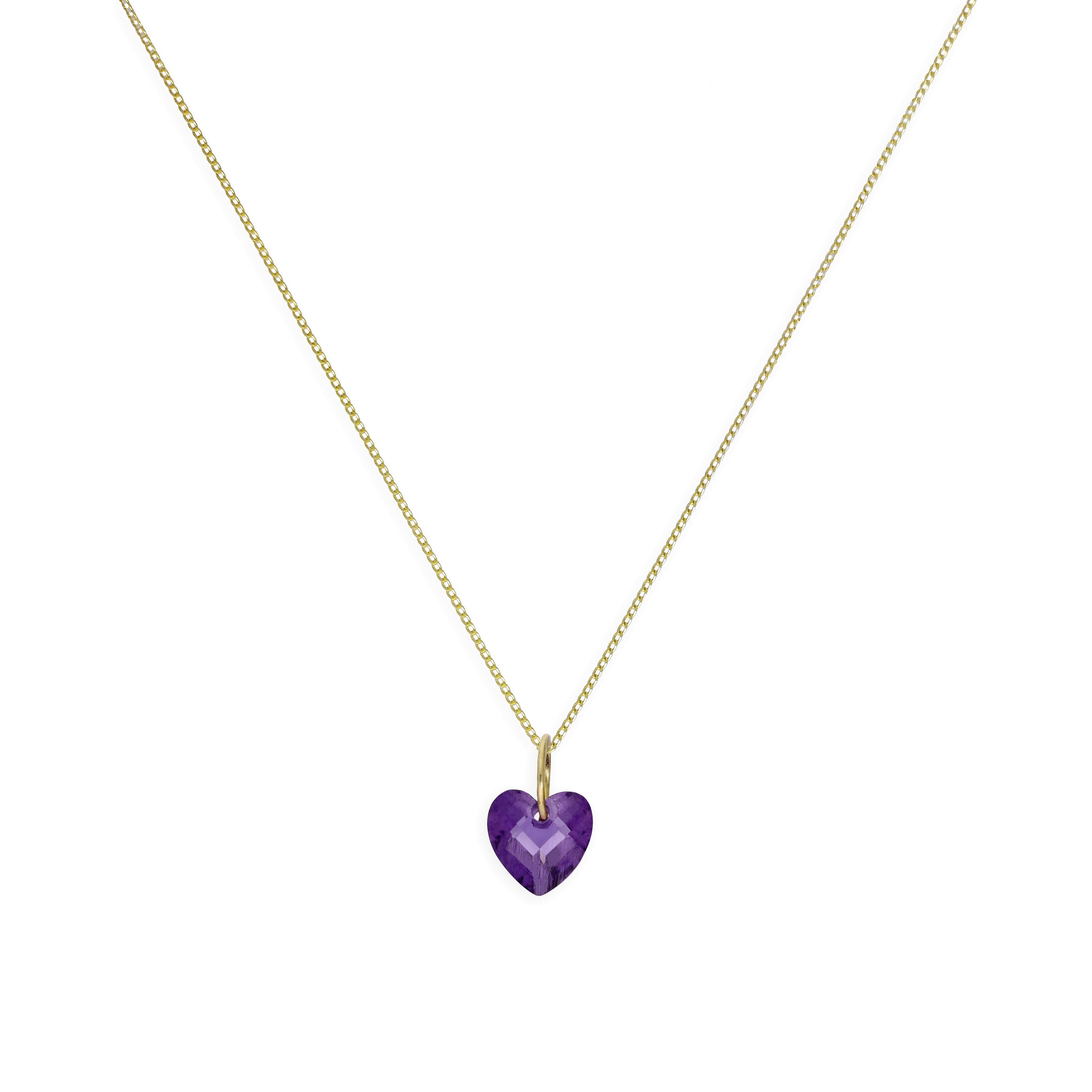Halskette mit Anhänger aus 9 Karat Gold und violettem CZ-Kristall in Herzform, 16–20 Zoll