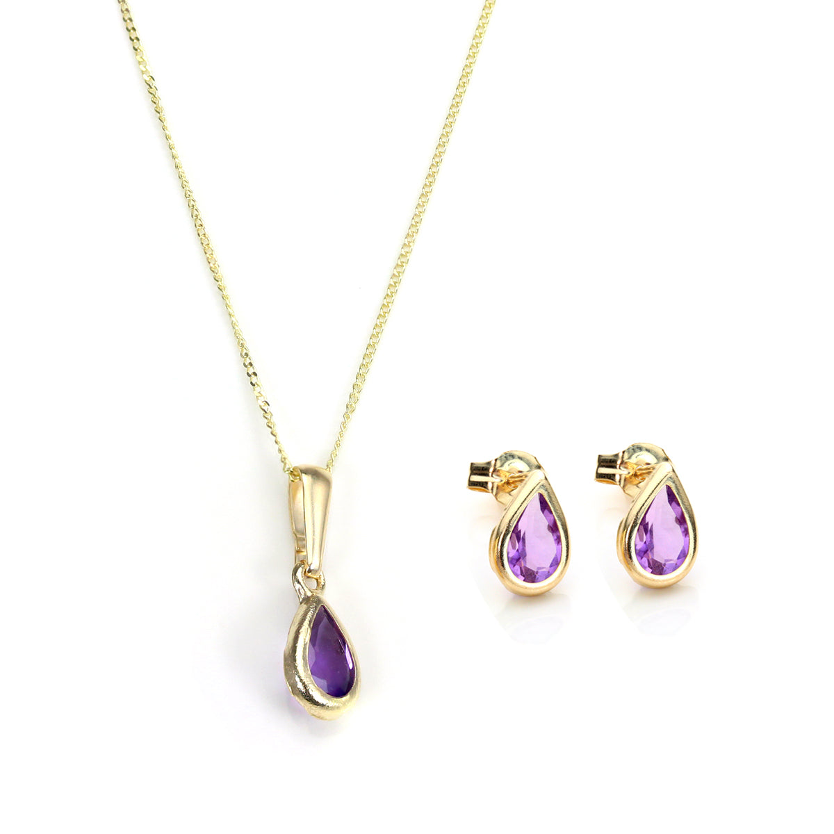 Set aus Anhänger und Ohrsteckern aus 9 Karat Gold mit Geburtsstein für den Monat Februar