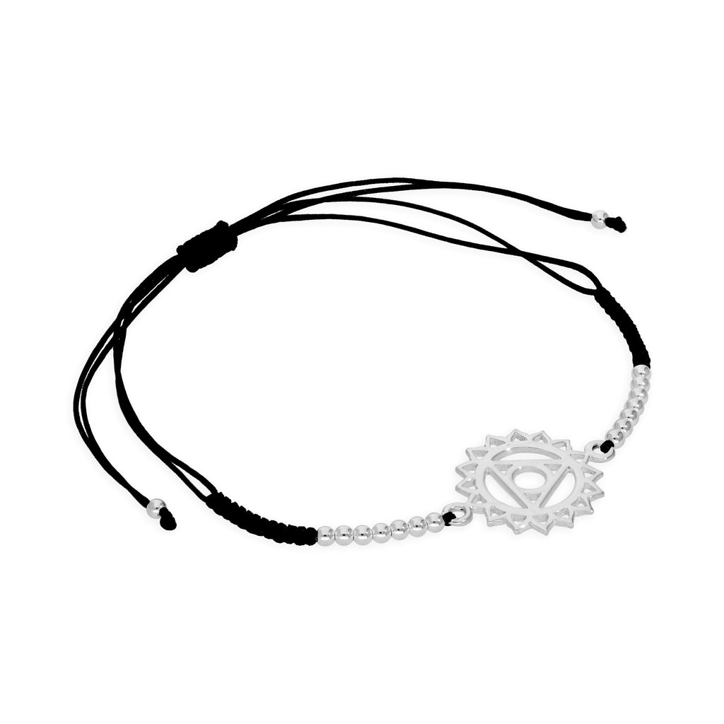 Armband aus Sterlingsilber mit schwarzer Kordel und Halschakra